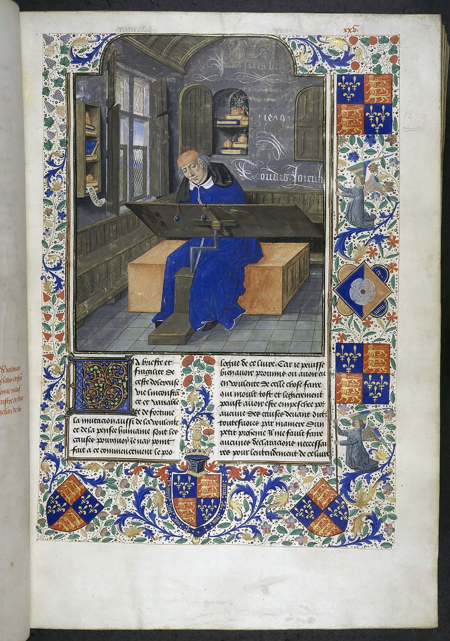 Překladatel v práci, z Fakta a výroky memorabilia (nebo Les Faits et les Dits des Romains), Royal 18 E III, f.24 od Dutch School