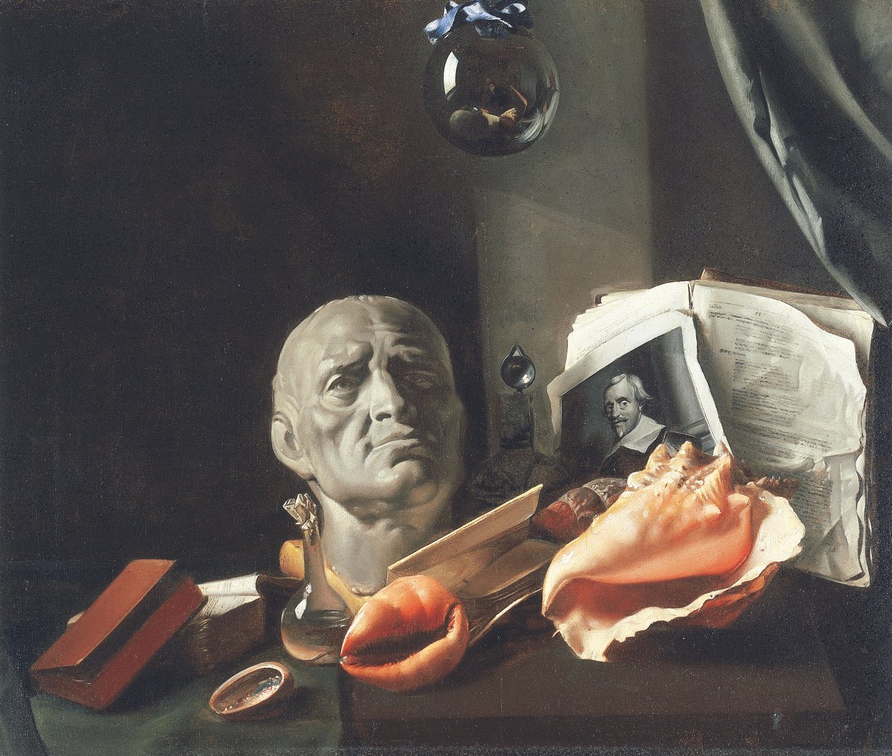 Zátiší Vanitas s bustou, mušlemi, knihami a skleněnými baňkami (olej na plátně) od Dutch School