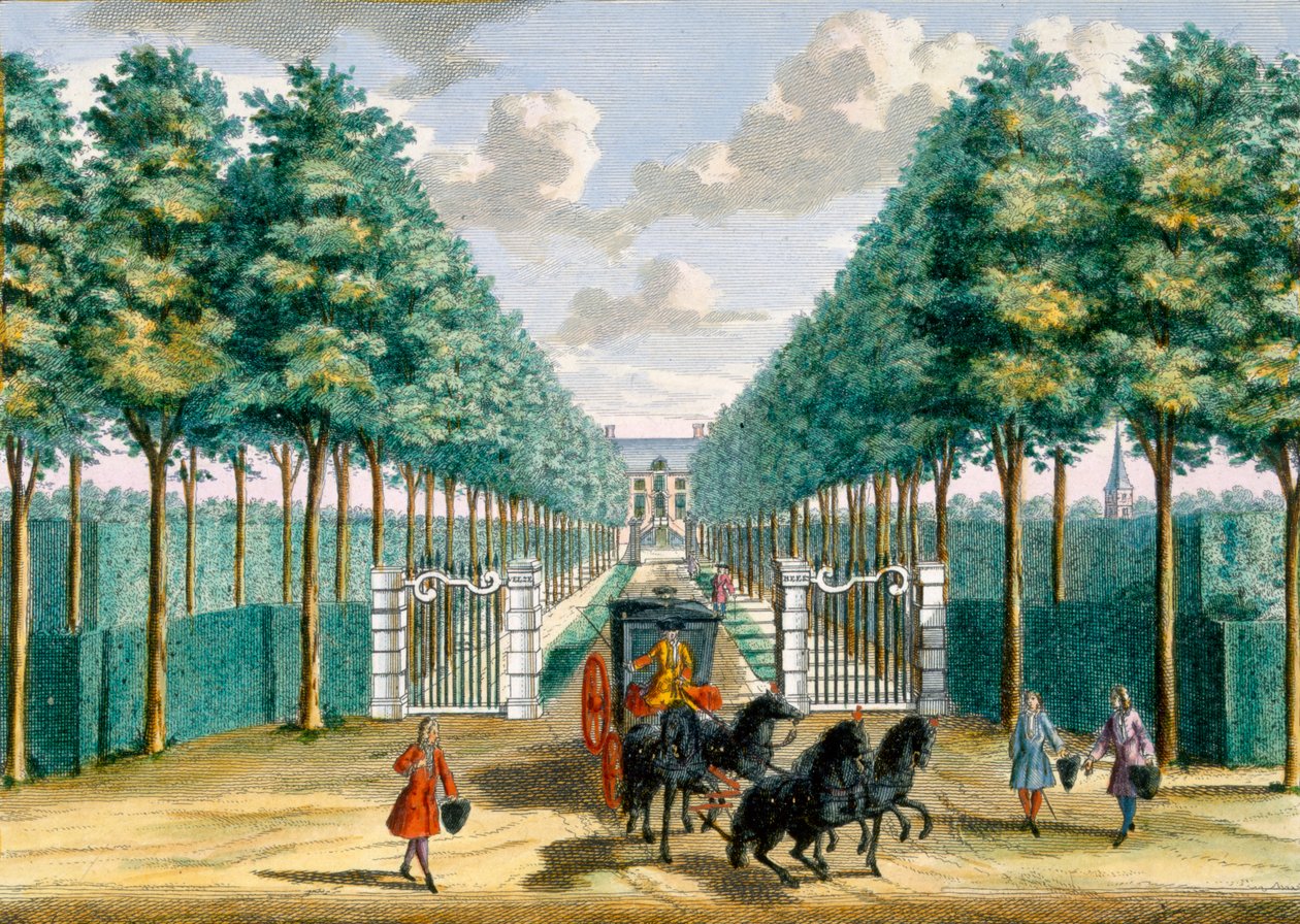Pohled na Velserbeek House z příjezdové cesty a vchodu, z Het Zeganpralent Kennemerlant od Hendricka de Letha a Matthiase Brouerius Van Nidek, vydáno kolem 1700-1730 od Dutch School