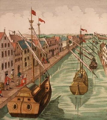 Pohled na Kettle Gate v Delftu, detail lodní dopravy na přístavním kanálu (rytina) (detail 83371) od Dutch School