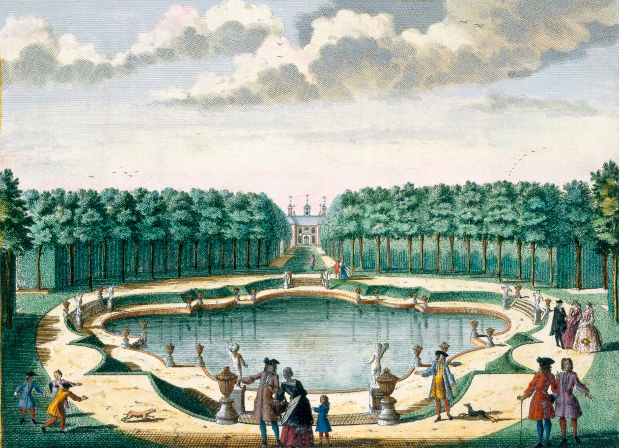 Pohled na rybník směrem k zadní části domu, Beckenstein, od Het Zeganpralent Kennemerlant od Hendricka de Letha a Matthiase Brouerius Van Nidek, vydáno kolem 1700-1730 od Dutch School