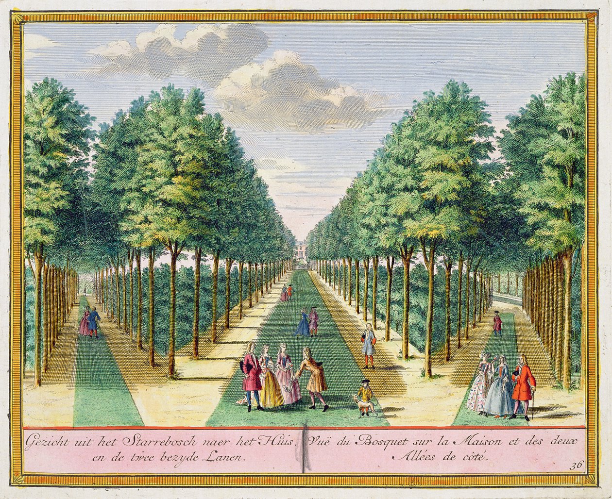 Pohled na dřevo k domu a dvě boční cesty, Watervliet, z Het Zegen Pralent Kennemerland, od Hendrik de Leth a Matthias Brouerius Van Nidek, vydáno kolem 1700-1730 od Dutch School