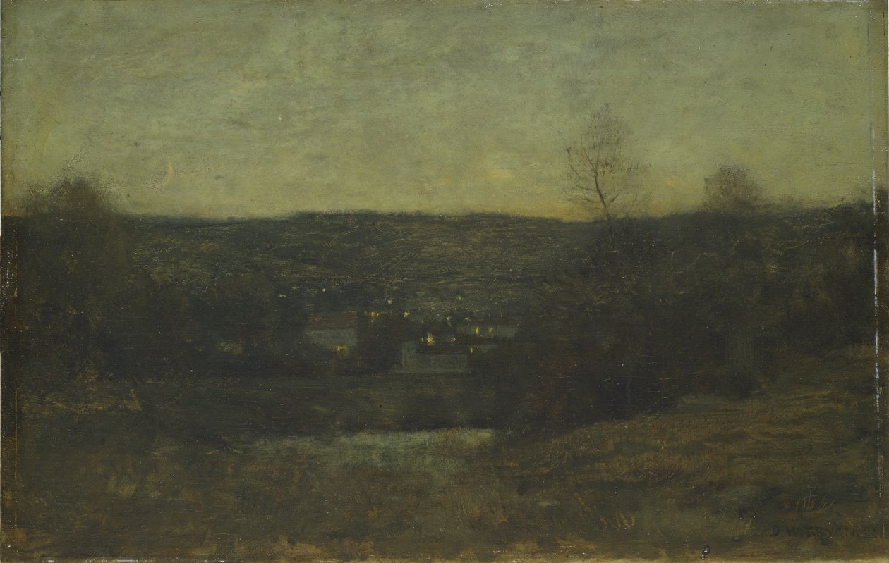 A Lighted Village, cca 1887 (olej na dřevěné desce) od Dwight William Tryon