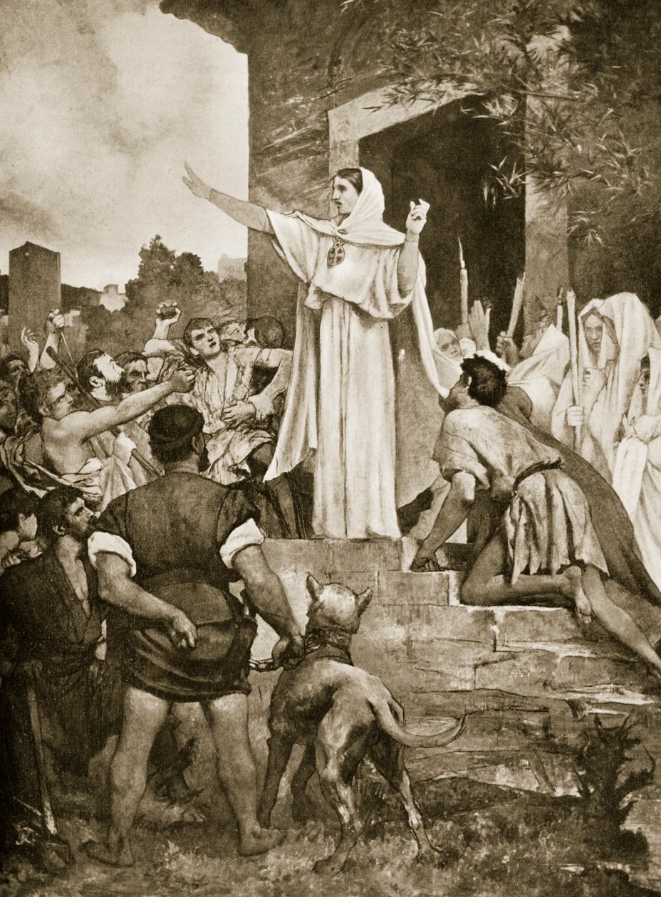 St. Genevieve uklidňující Pařížany během příchodu Attily, ilustrace z 