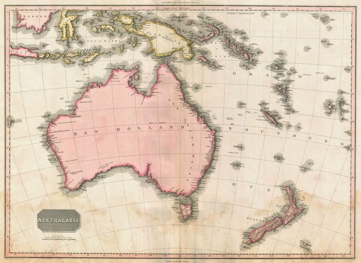 John Pinkertonova mapa Austrálie a jihozápadního Pacifiku, 1818 (barevná rytina) od E. J. Pinkerton
