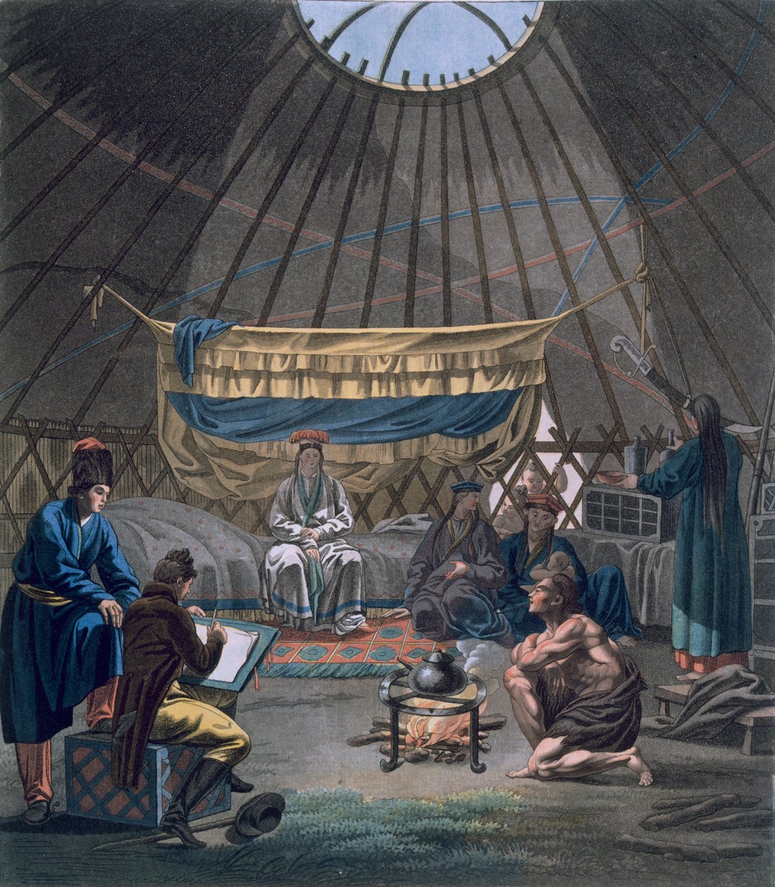 Interiér kalmycké jurty, 1812-13 od E. Karnejeff