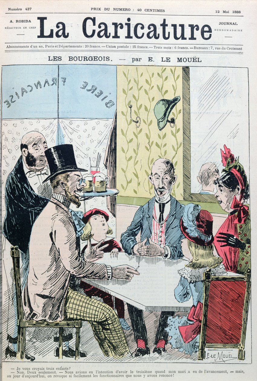 Buržoazní manželský pár vysvětlující, že mají pouze dvě děti z ekonomických důvodů, z La Caricature, 12. května 1888 od E. Le Mouel