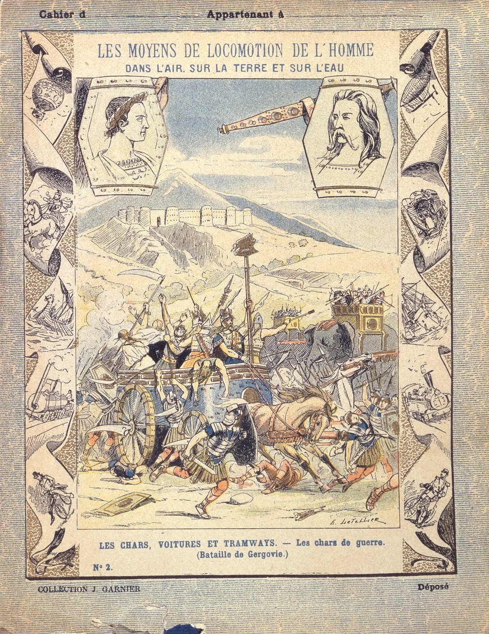 Galské válečné vozy v bitvě u Gergovie, z ochranného obalu na školní učebnice, konec 19. století od E. Letellier