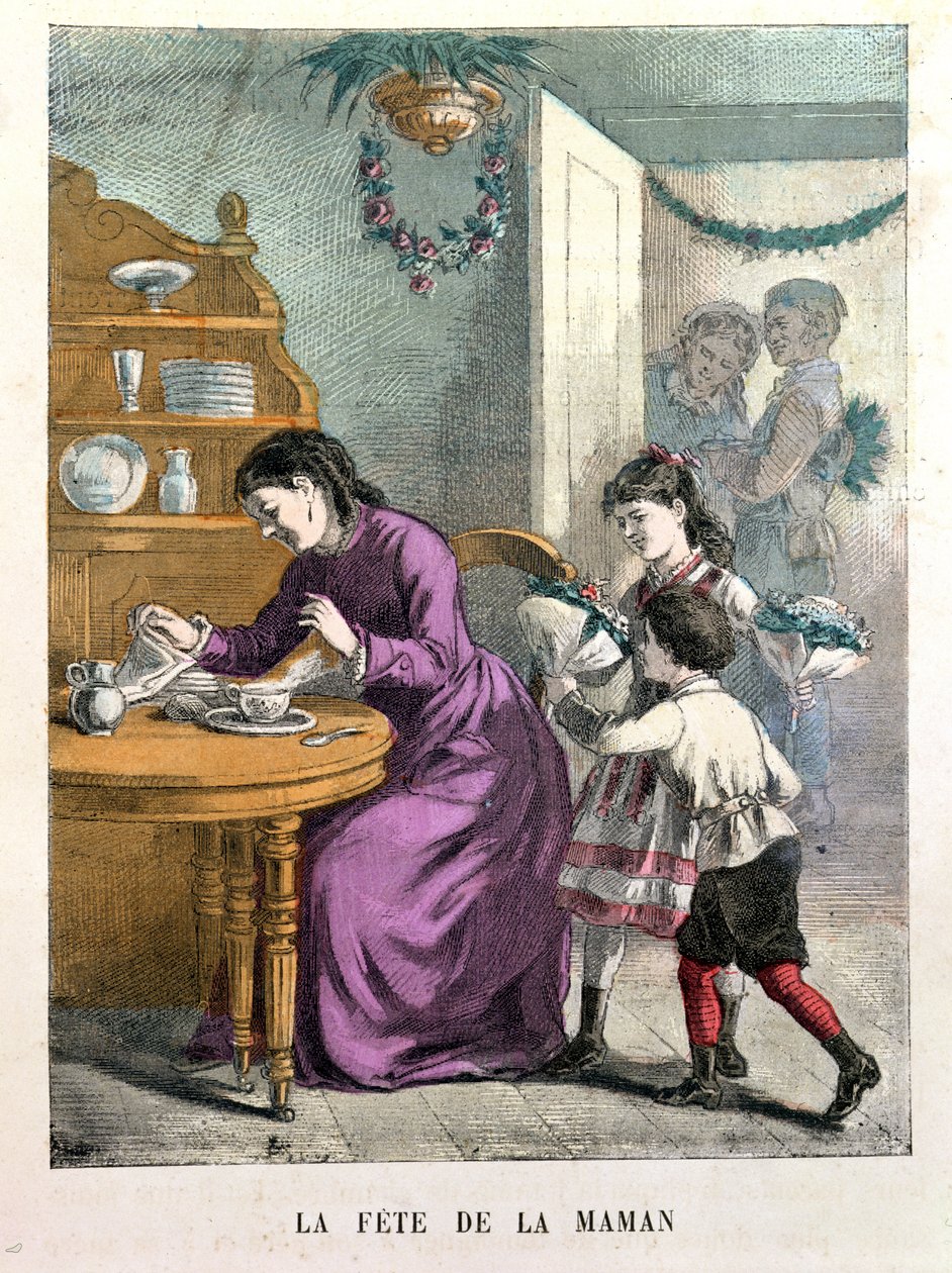 La Fete de la Maman, ilustrace z Beaux Jours et Fetes des Petits Enfants od A. des Tilleuls, konec 19. století od E. Morel