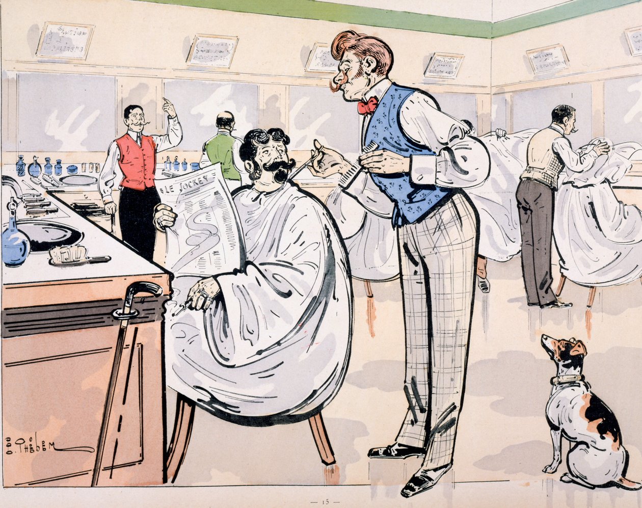 U holiče a čtení "Le Jockey", asi 1905 od E. Thelem