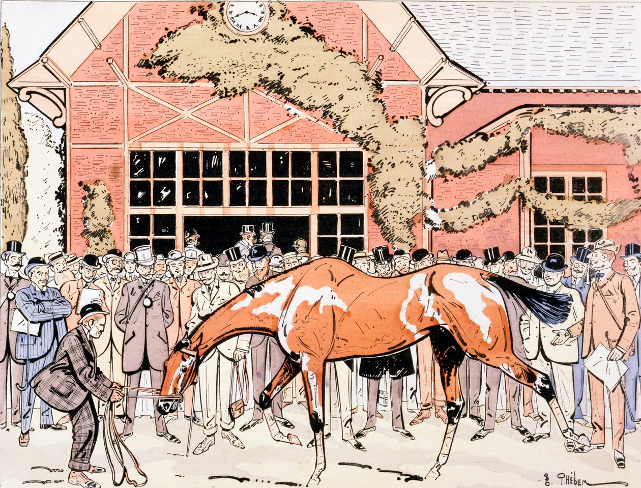 Prohlížení dostihového koně ve výběhu, cca 1905 od E. Thelem