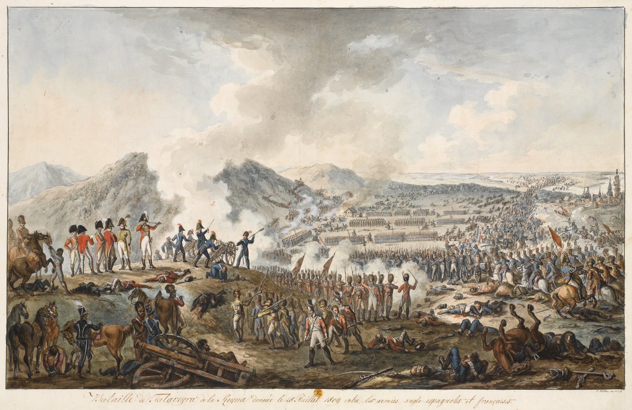 Bitva u Talavery, 28. července 1809, 1809 (pero a inkoust s wc na papíře) od E. Walker