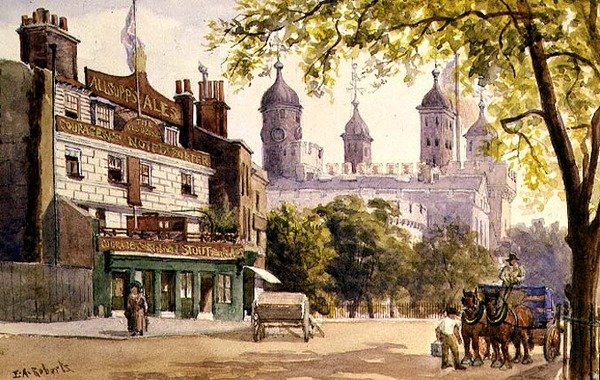 The Old George and Tower of London (akvarel) od E.A. Roberts