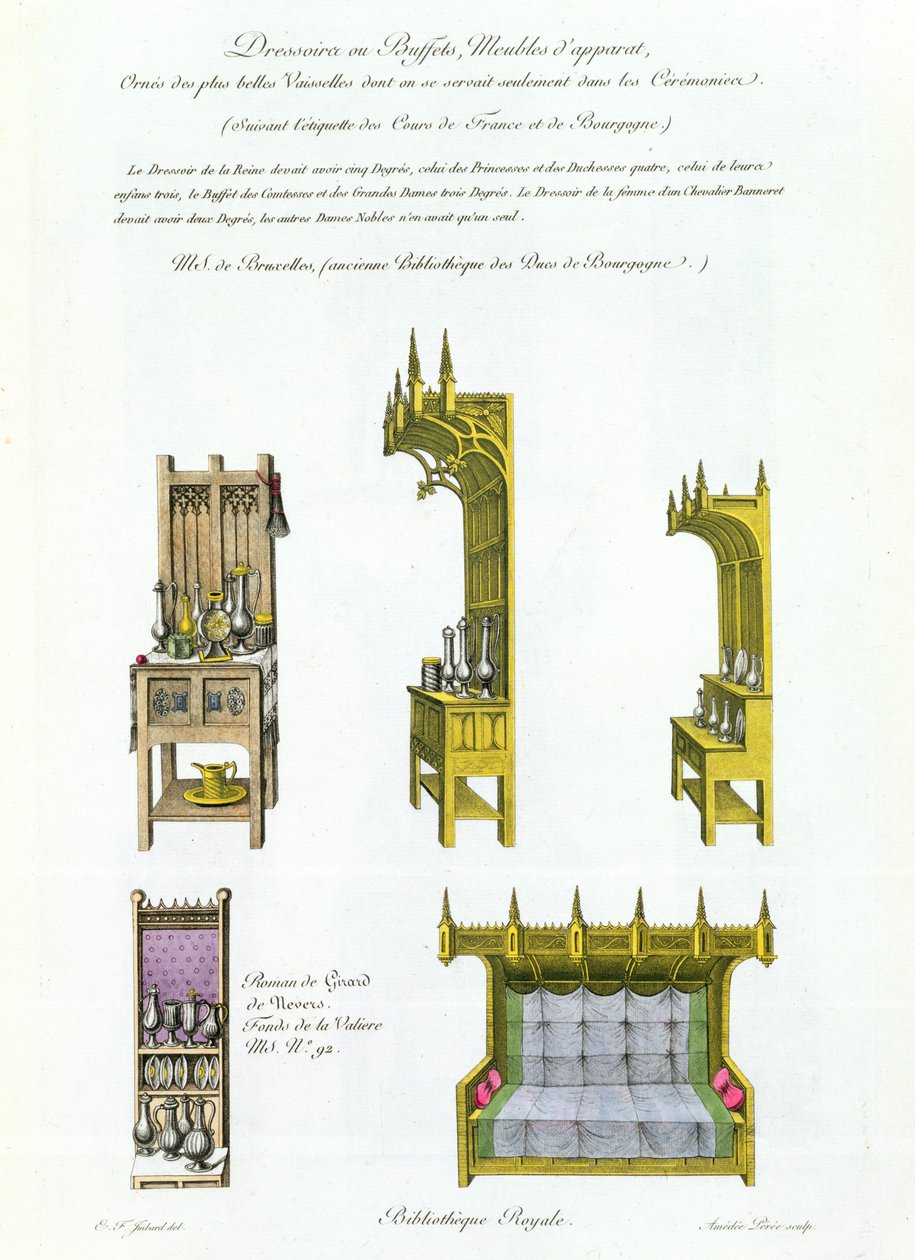 Francouzský a burgundský nábytek z patnáctého století, z Monuments Francais, litografie Amedee Peree, 1839 od E.F. Imbard