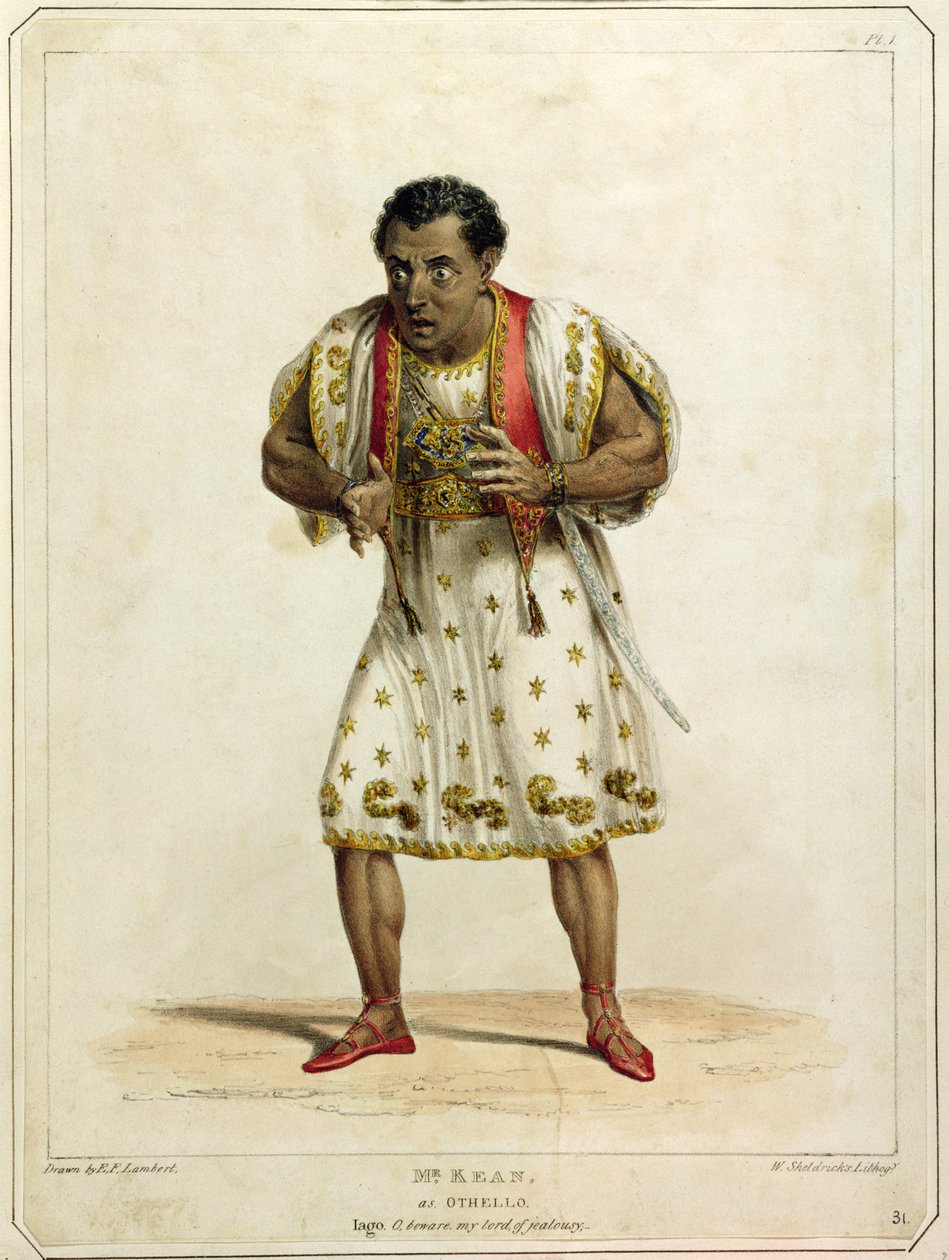 Portrét pana Edmunda Keana (1787-1833) jako Othello, vyrytý W. Sheldricksem (barevné lito) od E.F. Lambert