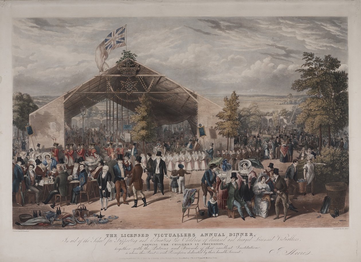 Pohled na výroční večeři licencovaných victuallers v Mermaid Tavern, Hackney, 1866 (akvatinta) od E.F. Lambert