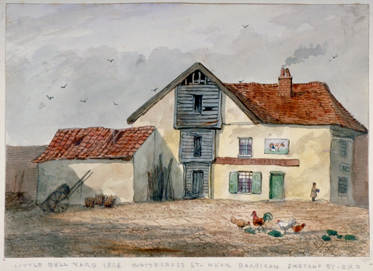 Pohled na Little Bell Yard, Whitecross Street, s kuřaty v popředí, Londýn, 1868 od EH Davies