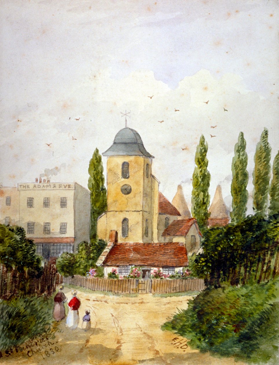 St Pancras Old Church a Adam and Eva Tavern, Londýn, 1830. od EH Dixon