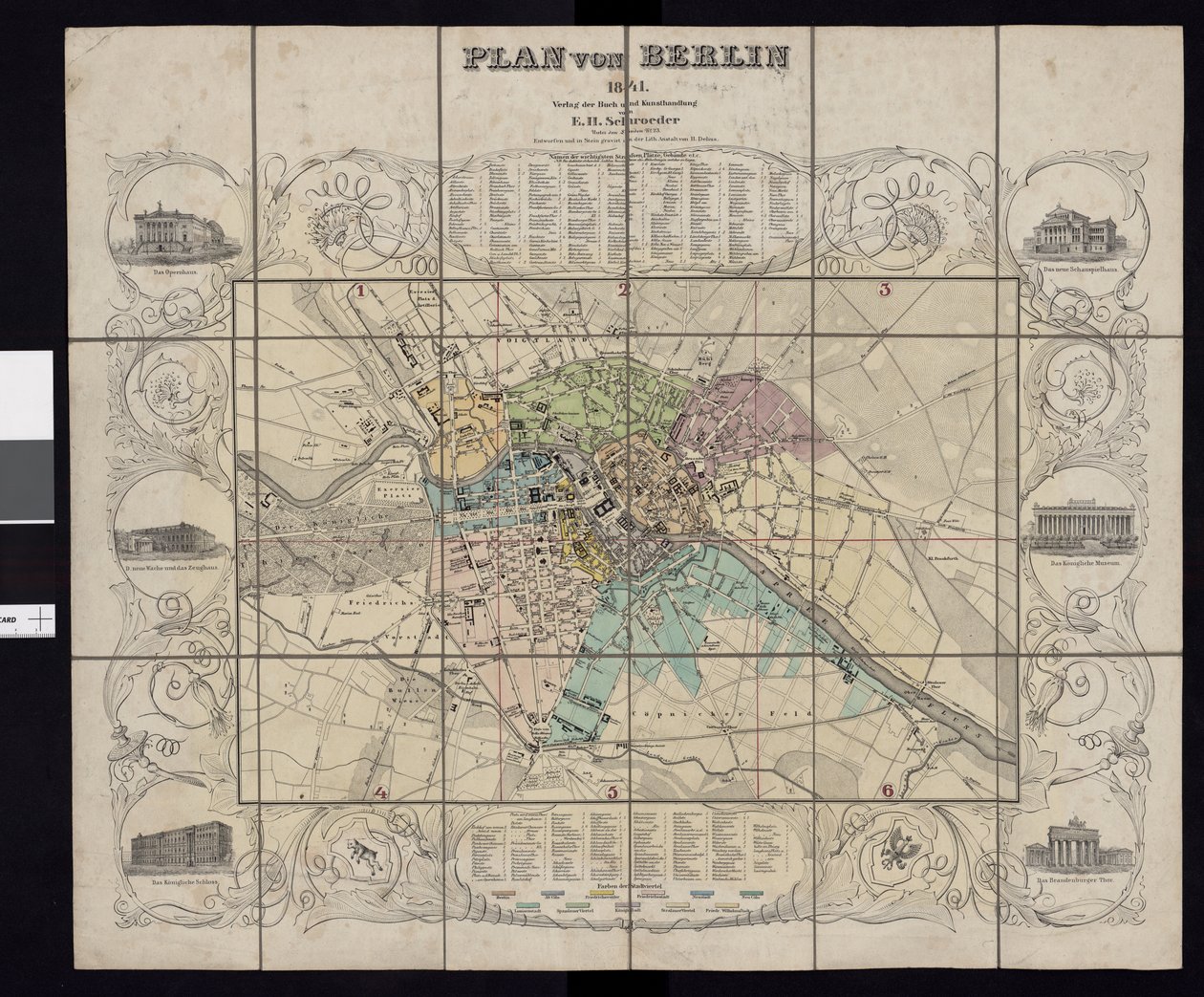 Mapa z mapové sbírky Národní knihovny. Mapa byla vydána v Berlíně (1841) a ukazuje Berlín od E.H. Schroeder