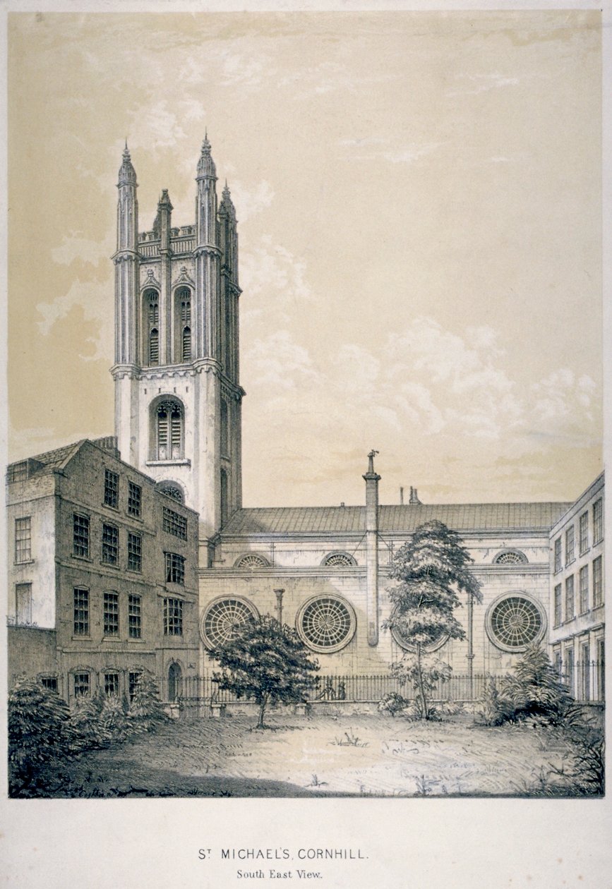 Jihovýchodní pohled na kostel svatého Michaela, Cornhill, City of London, 1840 od EJ Dickinson