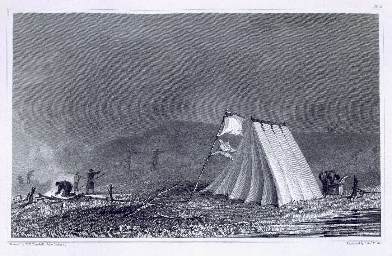 Tábořiště v Browell Cove, 15. července 1826, z „Vyprávění o druhé výpravě na pobřeží Polárního moře v letech 1825-27“ od Sira Johna Franklina (1786-1847), vyryto Edwardem Findenem (1791- od E.N. Kendall
