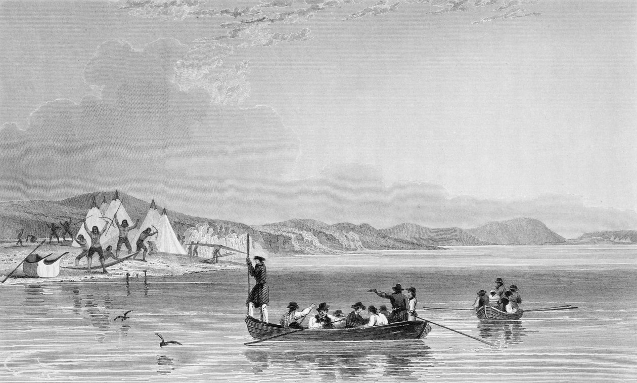 Tábořiště Eskimaux na Richardově ostrově, z „Vyprávění o druhé výpravě na pobřeží Polárního moře v letech 1825-27“ od Sira Johna Franklina (1786-1847), vyryto Edwardem Findenem (1791-18 od E.N. Kendall