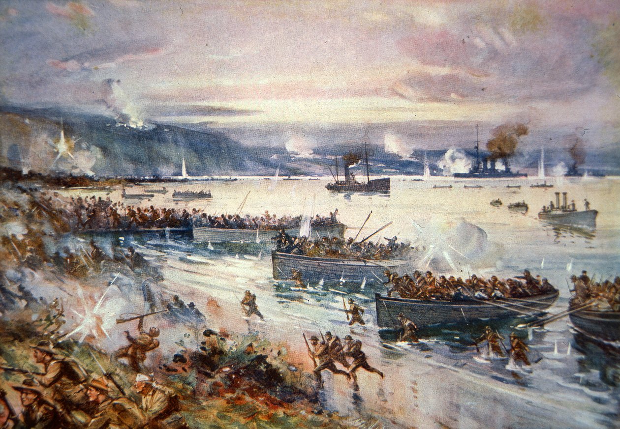 Vylodění Australanů v Gallipoli, duben 1915 (barevné lito) od E.S. Hodgson
