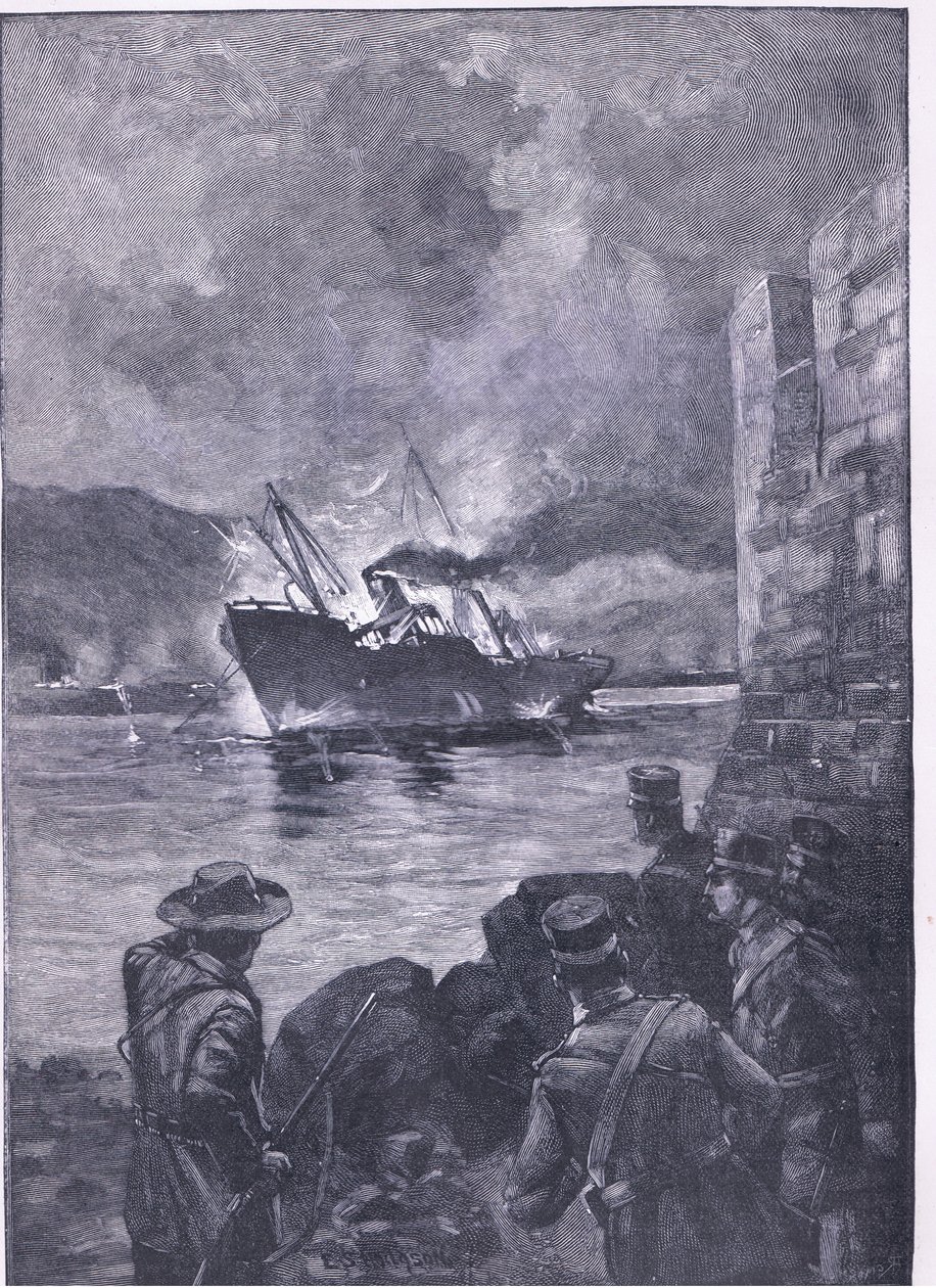 Španělská americká válka: Potopení Merrimacu, ilustrace z Cassells History of England, 1900 od E.S. Hodgson