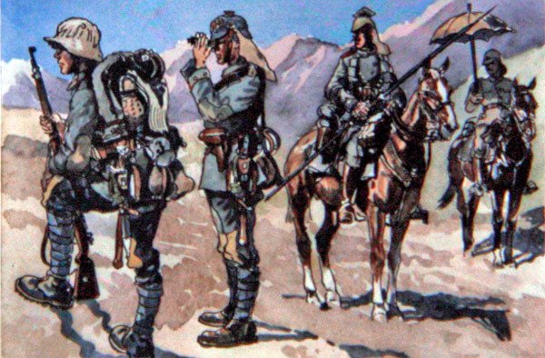 Německé uniformy z roku 1917, makedonská fronta (barva lito) od E. (after) Dobrich