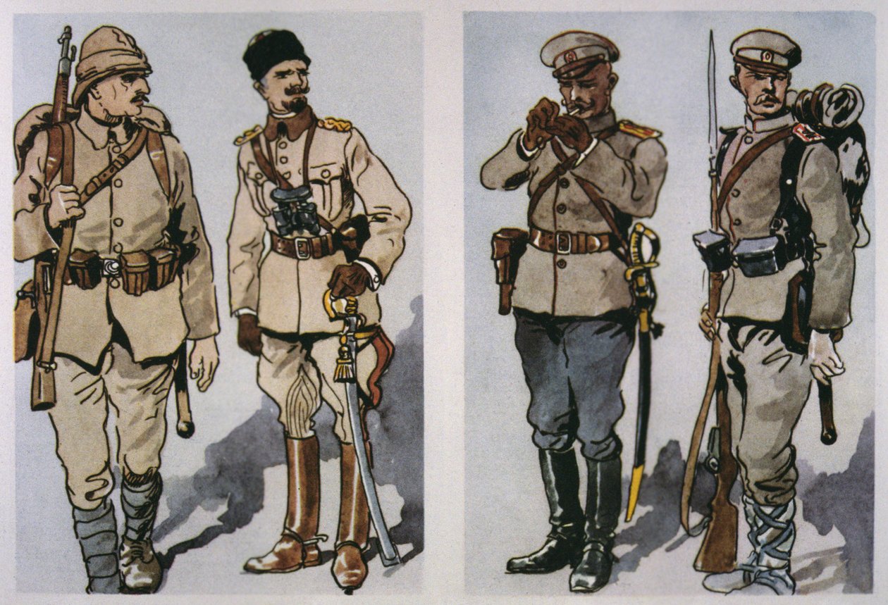 Turecký pěšák a důstojník (vlevo) a bulharský důstojník pěchoty a pěšák z roku 1917 (vpravo) z roku 1917 (barva lito) od E. (after) Dobrich