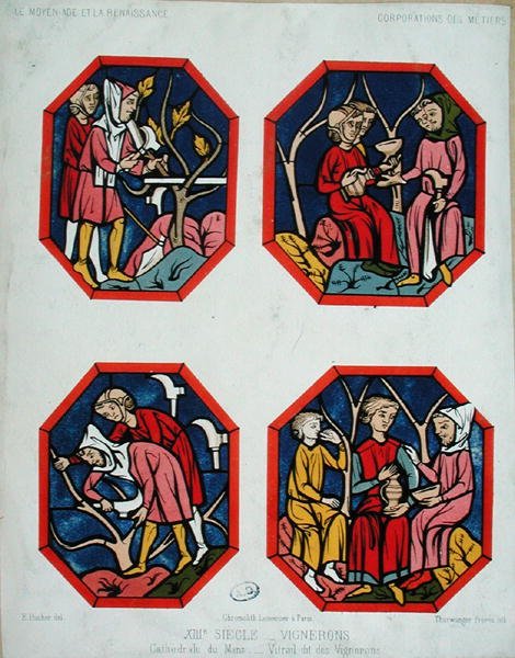 Okno vinařů, rytina bratří Thurwangerů, z vitráže v katedrále v Le Mans (barevná litografie) od E. (after) Hucher