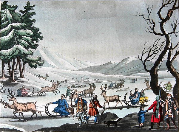 Tunguové opouštějící zimní tábor na saních tažených soby, asi 1820 (barevná rytina) od E. (after) Karnejeff
