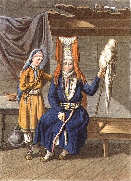 Votyak Women Spinning, vyrytý Jegorem Skotnikoffem (1782-1843) (litho) od E. (after) Karnejeff