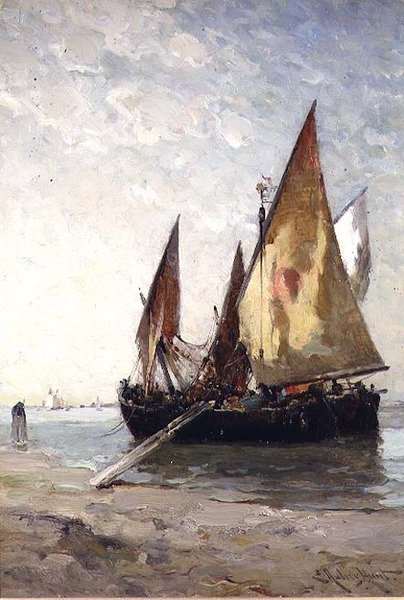Rybářské lodě kotvící na pláži od E. Aubrey Hunt