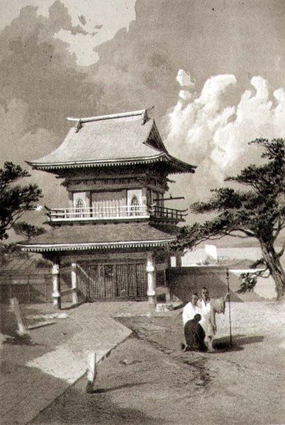 Vchod do chrámu v Hakotadi, hospoda. od Sarony & Co., kolem roku 1856 (litho) od E. Brown
