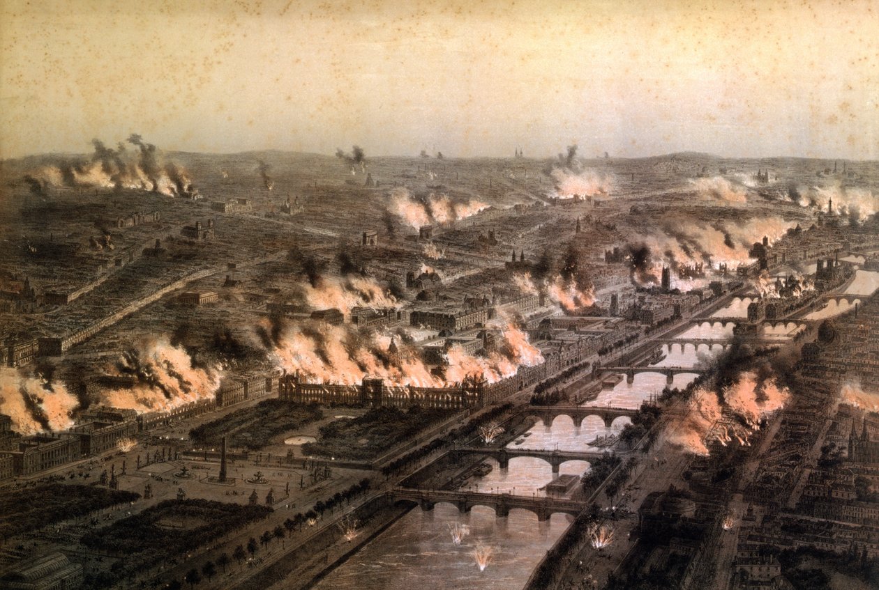 Panorama požárů v Paříži během komuny, květen 1871 od E. Daroy