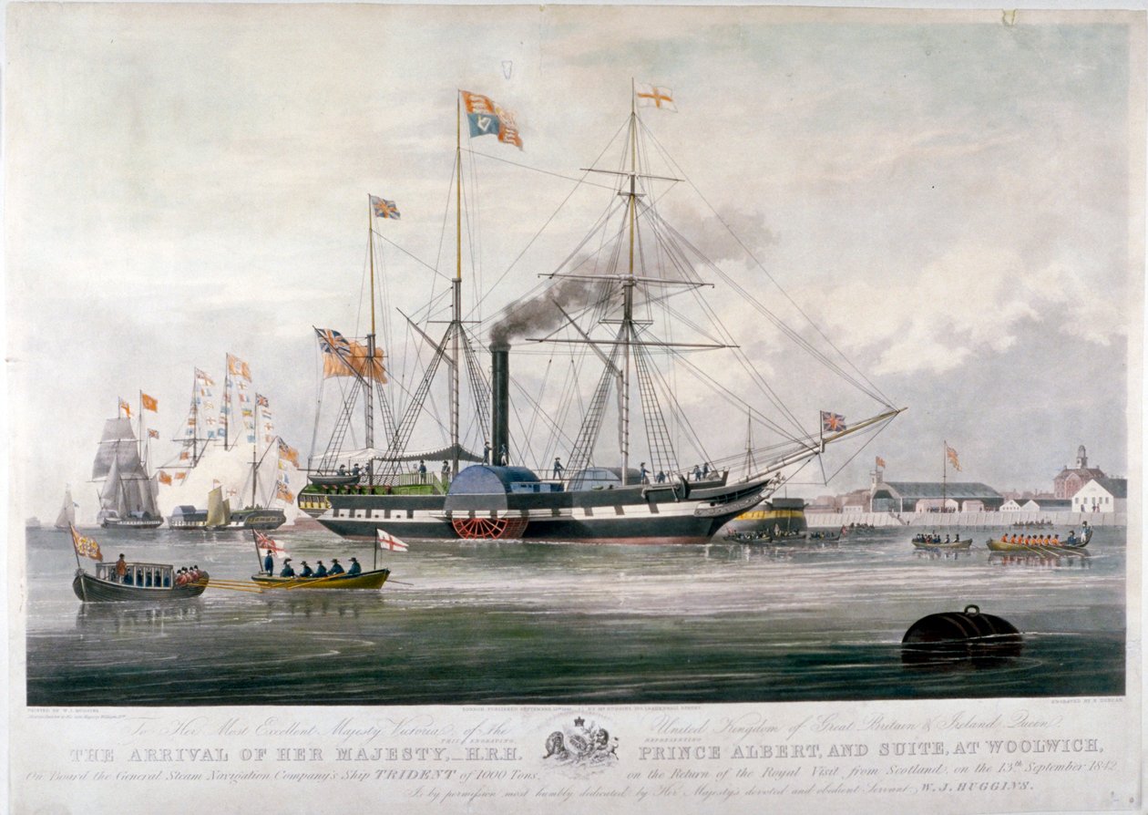 Královna Viktorie a princ Albert přijíždějící do Royal Dockyard, Woolwich, Kent, 1843 od E Duncan