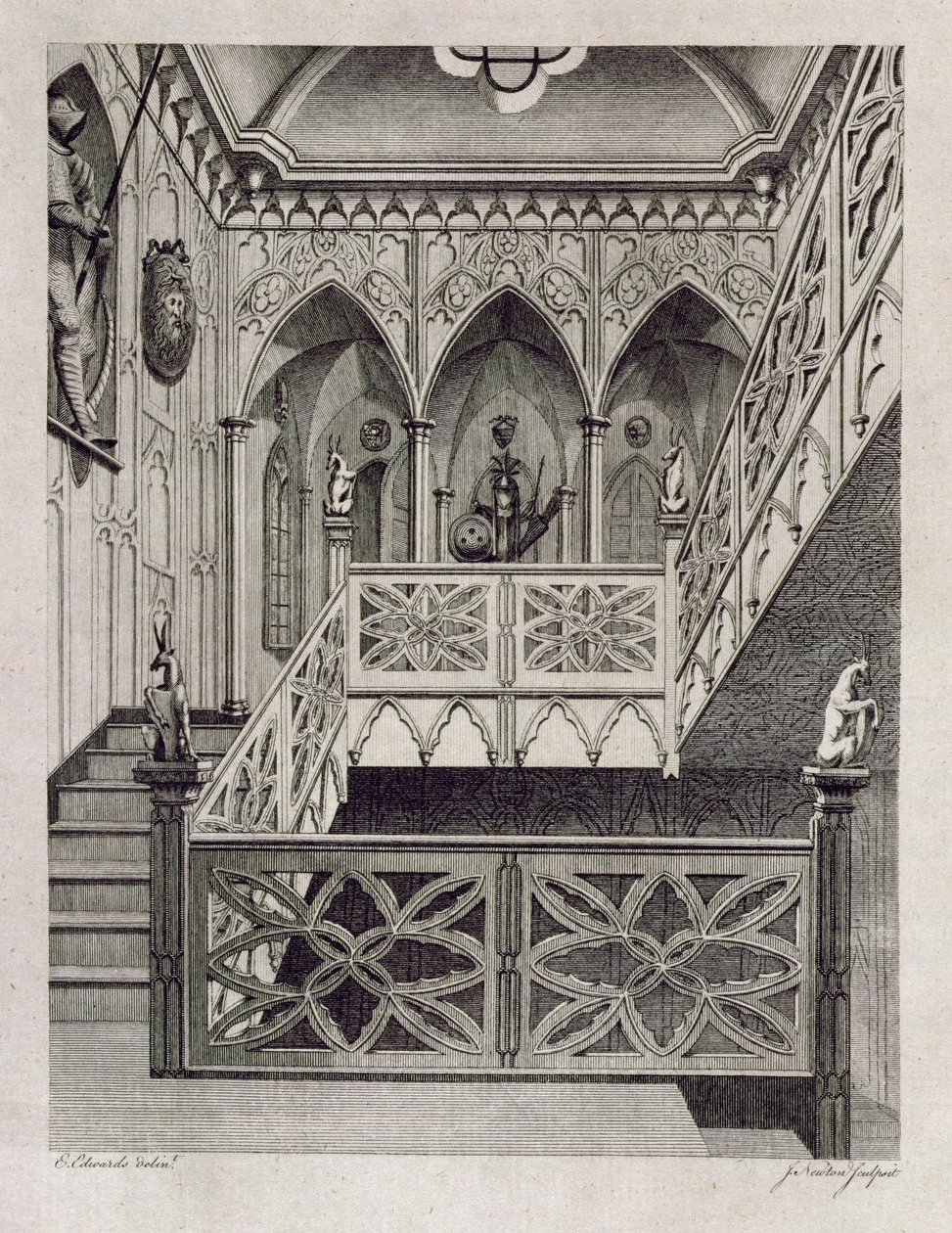 Schodiště na Strawberry Hill, rytina J. Newtona, z knihy Horace Walpola "Popis Strawberry Hill", 1784. od E Edwards