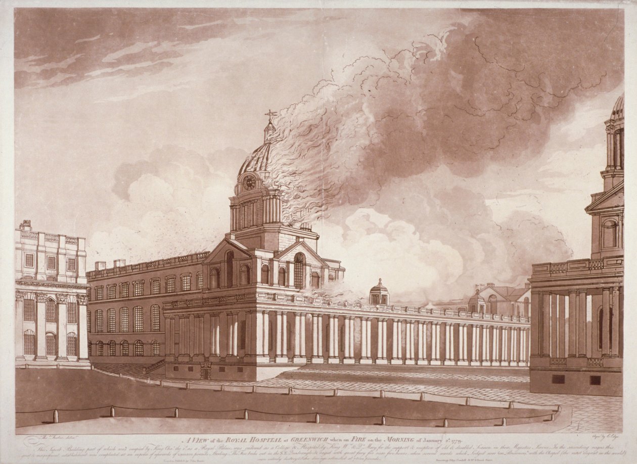 Pohled na požár v nemocnici Greenwich v Londýně ráno 2. ledna 1779 od E Edye