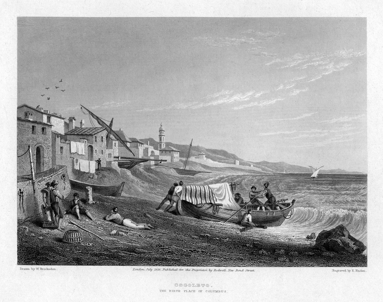 Cogoleto, místo narození Kolumba, Itálie, 1828. od E. Finden