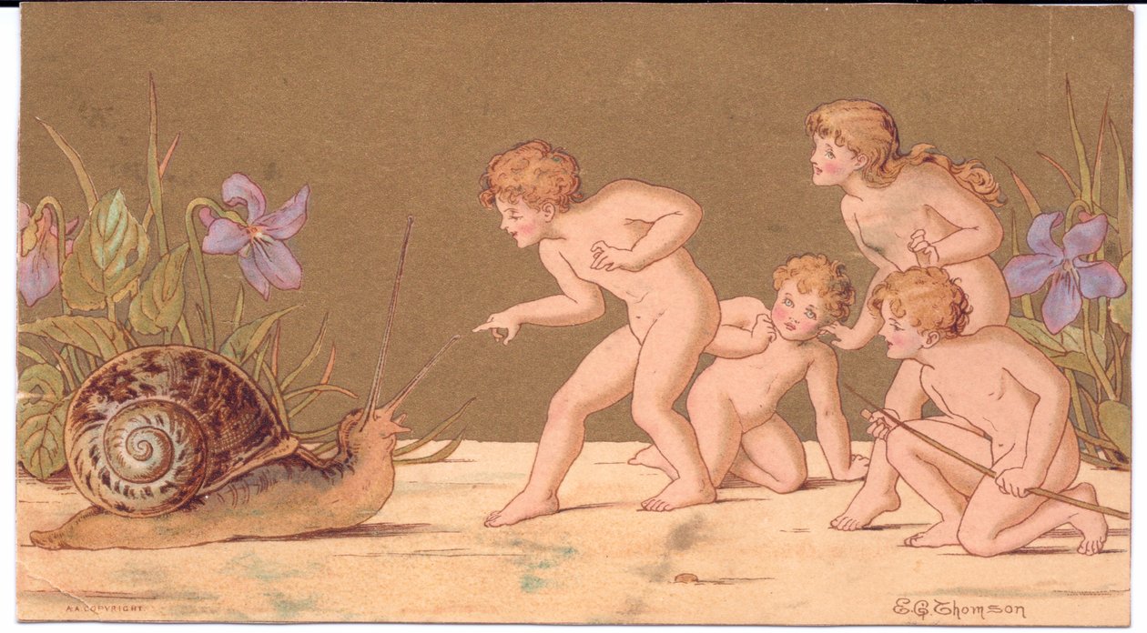 Viktoriánské přání čtyř nahých víl škádlících šneka na zlatém pozadí od Gertude Thompsonové, kolem roku 1895 (barva litho) od E. Gertrude Thompson