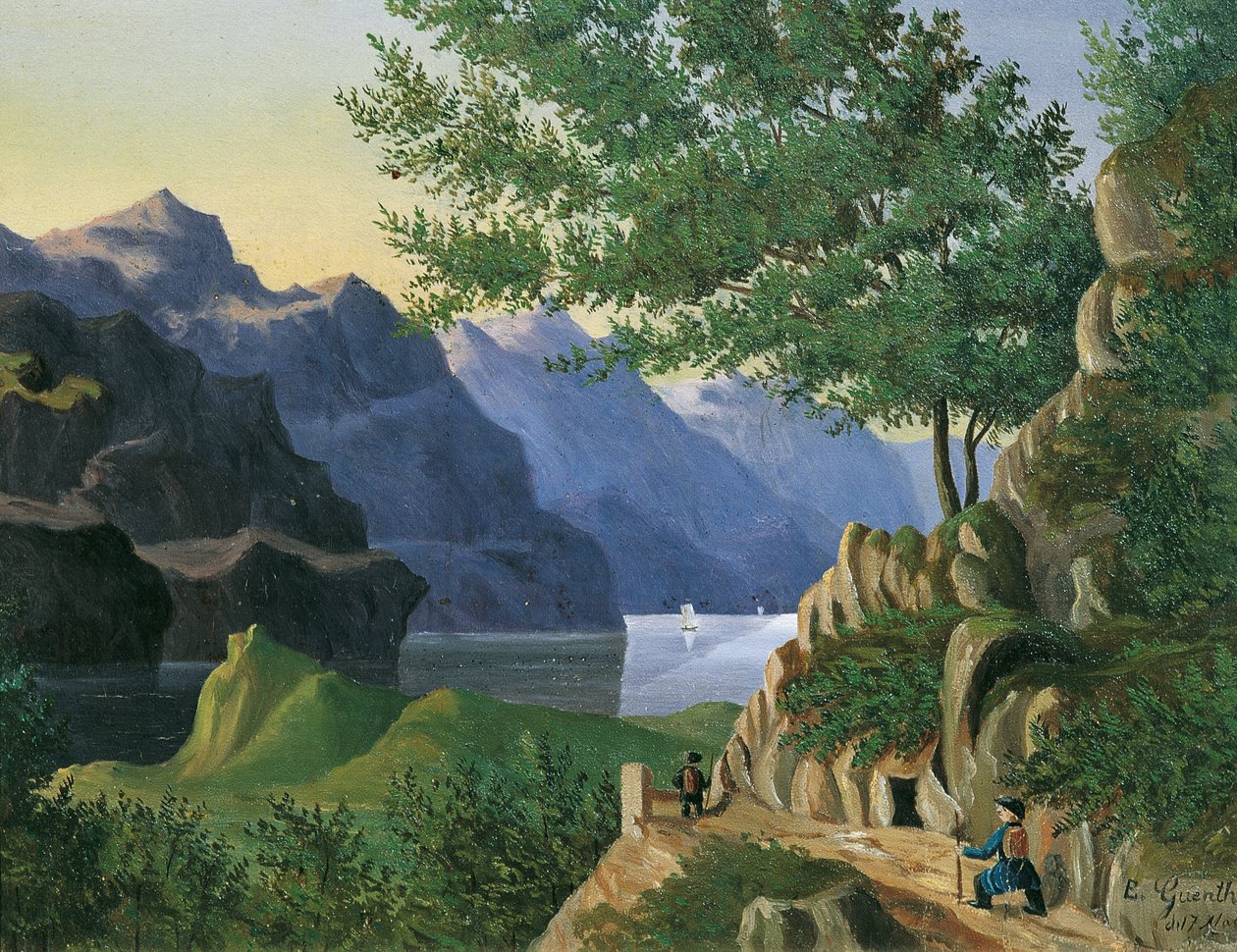 Horské jezero s turisty od E. Guenther