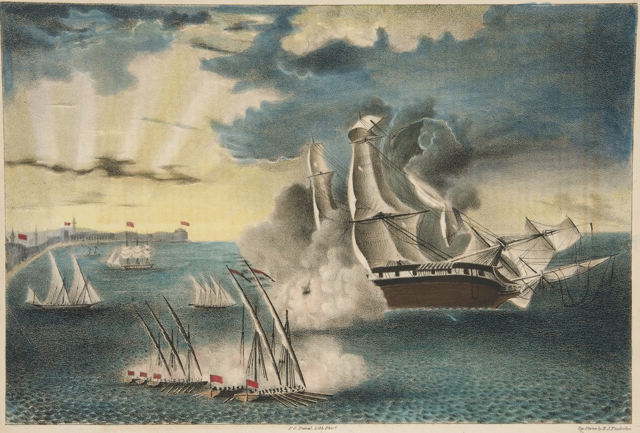 Americká fregata Philadelphia na skalách u Tripolisu z časopisu Army and Navy, hospoda. 1840 (barevná litografie) od E. J. Pinkerton