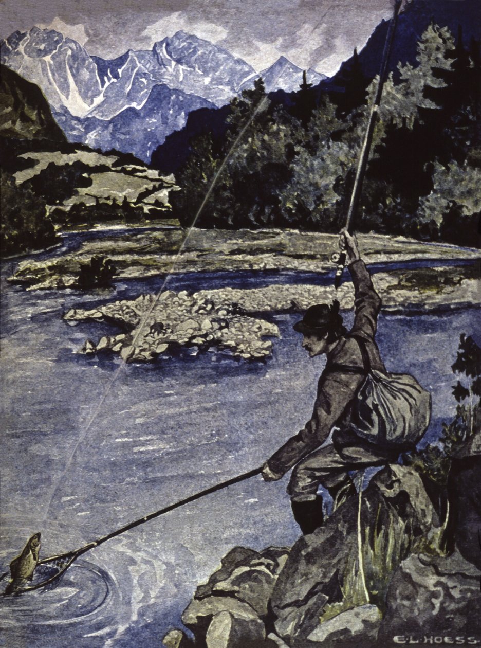 Rybaření v řece, kolem roku 1900 (ilustrace) od E. L. Hoess