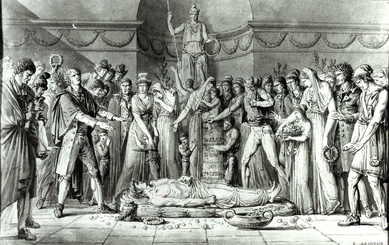 Pohřeb Jeana Paula Marata (1743-93) v kapli Club des Cordeliers, 16. července 1793, asi 1793 (perem a tuší na papíře) (čb fotografie) od E. Le Sueur