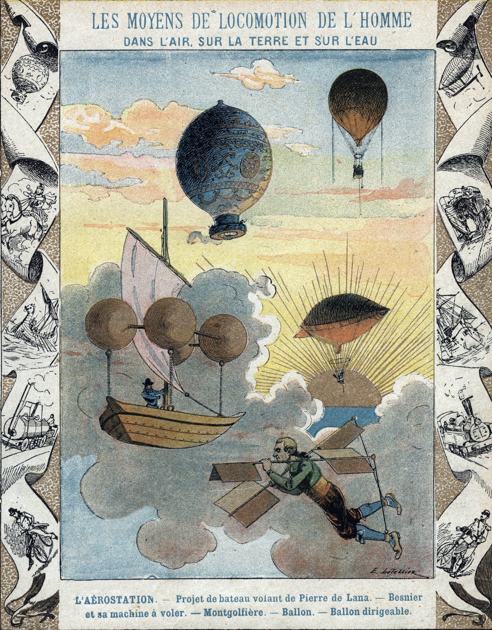 Aerostation - Projekt létajícího člunu Pierra de Lana - Létající letadlo Besniera (1678) - Balón - Balón - Balón vzducholodě - ilustrace E Letelliera - Chránit historický zápisník, konec 19. století od E. Letellier