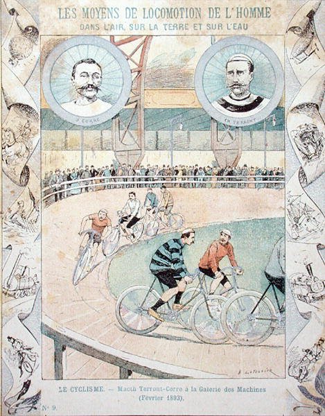 Charles Terront (1857-1932) a Jules Corre v Galerii des Machines v únoru 1893, ze školní učebnice (barevné litho) od E. Letellier