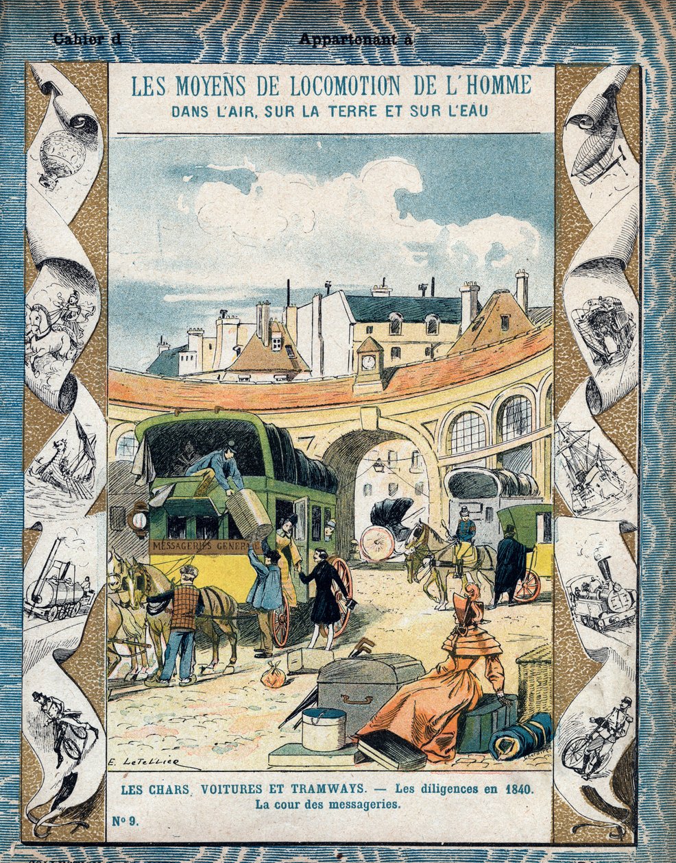 Diligence en 1840 - la cour des messageries - Dostavník v roce 1840 - Z ochranného obalu na učebnice, konec 19. století - ilustrace E. Letellier - Protege notebook historique, fin 19. století - od E. Letellier