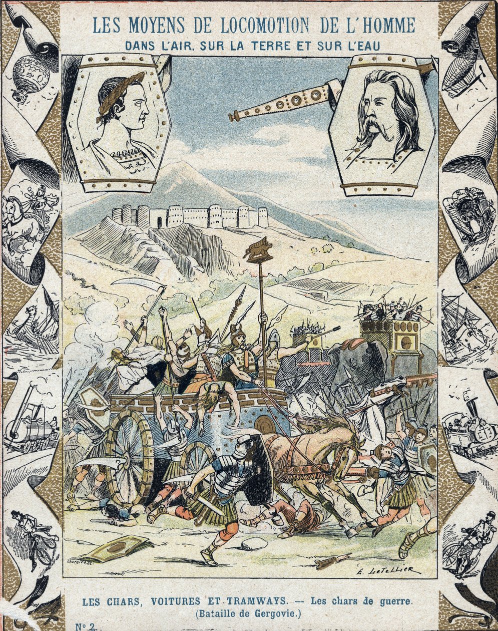 Galské válečné vozy v bitvě u Gergovia - Z ochranného pouzdra na učebnice, konec 19. století - Tanks de guerre a faux - Vercingetorix a la bitva de Gergovia (52 př. n. l.) během války Galů - ilustrace E Letellier - Protege poznámkový blok od E. Letellier