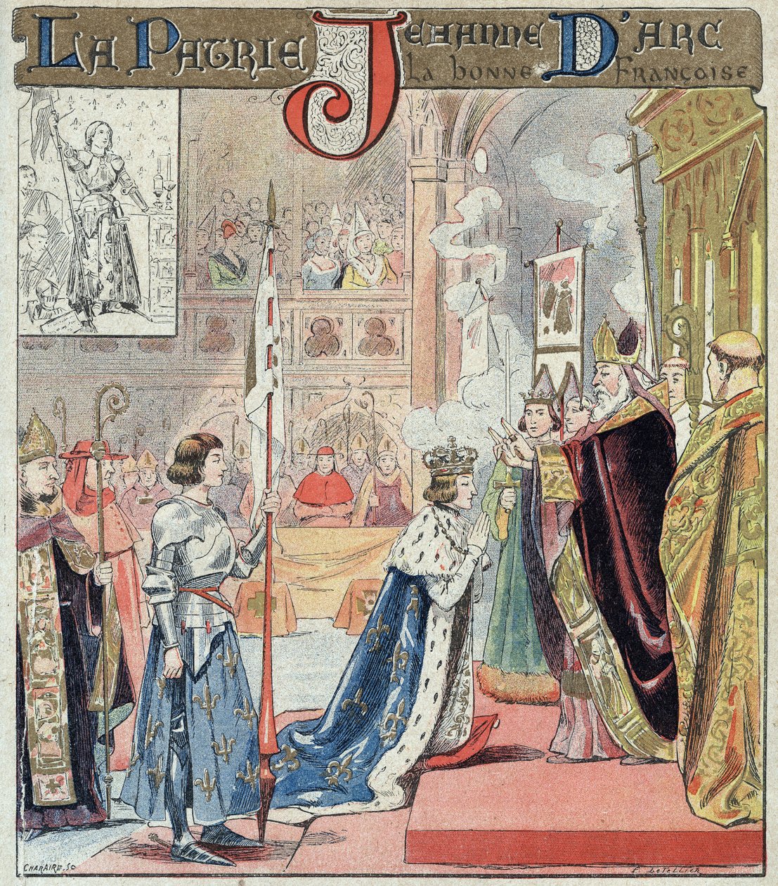 Johanka z Arku se v Remeši 17. července 1429 účastní korunovačního ceremoniálu Karla VII. - Z ochranného pouzdra na učebnice, konec 19. století - Král Karel VII. (1403-1461) přebírá korunu v katedrále v Remeši dne 17. 07/1429 v pres od E. Letellier